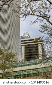 CHARLOTTE, NC, USA-3/16/19: A Skyline View Of The Charlotte Skyline From Martin Luther King Blvd. And College St. In Early Spring, With New Leaves.