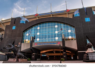 Charlotte NC, USA-May 09,2020 : Entrance Of The NFL Carolina Panthers,` S Bank Of America Stadium. Statue Of Jerry Richardson And Panthers At The Entrance.