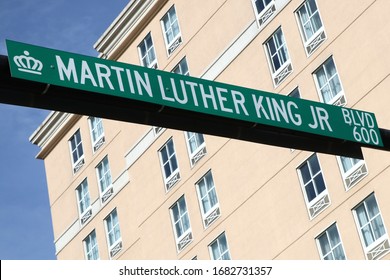 Charlotte, NC-USA March 17, 2020
Martin Luther King Blvd Street Sign In Uptown Charlotte.