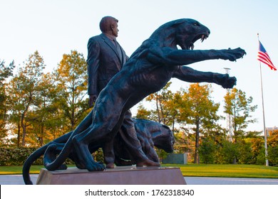 Charlotte NC/USA-May 09,2020:  Sunset With The Jerry Richardson Statue That Was Located Outside Of The Carolina Panthers, Bank Of America Stadium Was Removed.