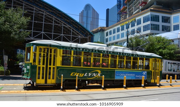 CHARLOTTE NORTH CAROLINA 06 22 2016: Historic\
street car of Charlotte in the late 19th and early 20th centuries\
were intimately bound up with the installation and development of\
its streetcar network