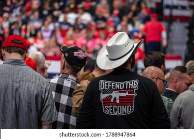 Charlotte, North Carolina - 2 March 2020: President Trump Supporter Wearing A Second Amendment Shirt At The Rally In The Bojangle's Coliseum