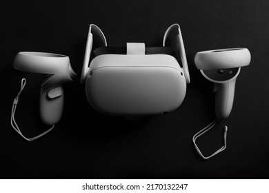 Charlotte, North Carolina - January 2022 - Oculus Quest 2 VR Virtual Reality Wireless Headset System, From Facebook On Black Background