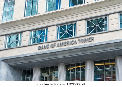 Charlotte, North Carolina, USA - January 15, 2020:  Bank Of America Tower Sign On The Building In Charlotte, North Carolina, USA. The Bank Of America (BofA) Is A Investment Bank And Financial Services