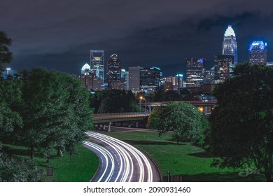 Charlotte, North Carolina  USA - May 7, 2021 : Downtown Charlotte Skyline Light Trails