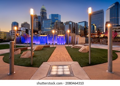 Charlotte, North Carolina, USA uptown skyline and park at night. - Shutterstock ID 2080464310