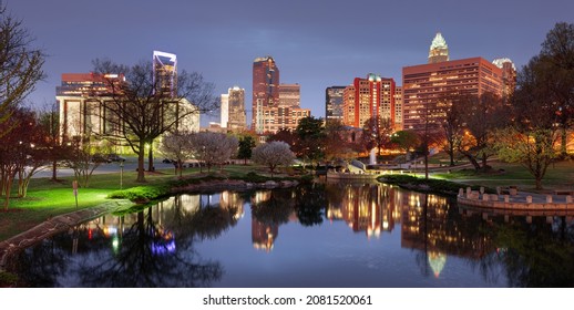 Charlotte, North Carolina, USA uptown skyline at Marshall Park at night.
