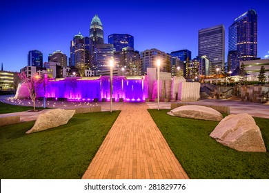 Charlotte, North Carolina, USA uptown skyline and park.