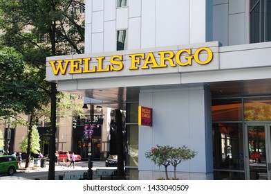 Charlotte, North Carolina / USA - Wells Fargo Exterior Sign At Two Wells Fargo Center, A 32 Story Skyscraper In Uptown Charlotte On Tryon Street.