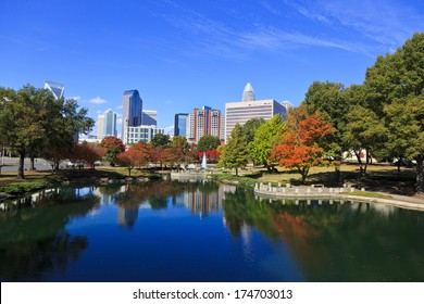 Charlotte skyline from Marshall Park in the fall.  The new Skye condos are in the middle.