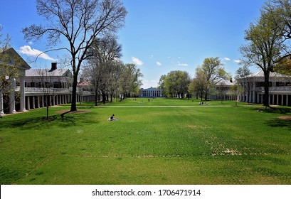 CHARLOTTESVILLE, VA–April 9, 2020- Social distancing seen at University of Virginia which would normally be crowded with students. A stay-at-home order is in place in response to the COVID-19 pandemic