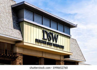 Charlottesville, USA - April 29, 2021: Virginia College City With Sign For DSW Shoe Store Outlet Exterior Facade And Nobody