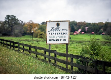 Charlottesville, USA - October 25, 2020: Jefferson Vineyards sign at entrance road text famous winery in Virginia tours and tastings