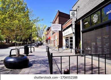 CHARLOTTESVILLE, VA – April 9, 2020- A virtually empty street in Charlottesville, Va during a state-wide “stay-at-home” order in response to the COVID-19 global pandemic.