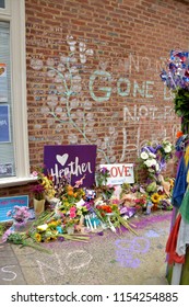 CHARLOTTESVILLE, VA – Aug 11, 2018: Flowers Are Left At The Site Where Heather Heyer Was Killed On The One-year Anniversary Of A Rally That Turned Violent. 