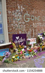 CHARLOTTESVILLE, VA – Aug 11, 2018: Flowers Are Left At The Site Where Heather Heyer Was Killed On The One-year Anniversary Of A Rally That Turned Violent. 