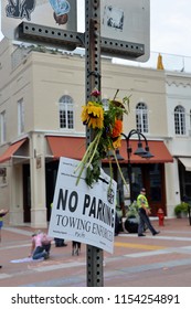 CHARLOTTESVILLE, VA – Aug 11, 2018: Flowers Are Left At The Site Where Heather Heyer Was Killed On The One-year Anniversary Of A Rally That Turned Violent. 