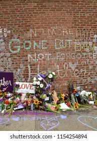 CHARLOTTESVILLE, VA – Aug 11, 2018: Flowers Are Left At The Site Where Heather Heyer Was Killed On The One-year Anniversary Of A Rally That Turned Violent. 