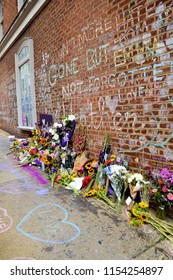 CHARLOTTESVILLE, VA – Aug 11, 2018: Flowers Are Left At The Site Where Heather Heyer Was Killed On The One-year Anniversary Of A Rally That Turned Violent. 