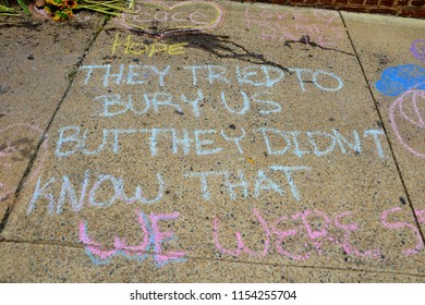 CHARLOTTESVILLE, VA – Aug 11, 2018: Chalked Messages At The Site Where Heather Heyer Was Killed On The One-year Anniversary Of A Rally That Turned Violent. 