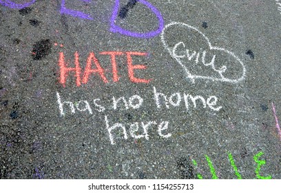 CHARLOTTESVILLE, VA – Aug 11, 2018: Chalked Messages At The Site Where Heather Heyer Was Killed On The One-year Anniversary Of A Rally That Turned Violent. 