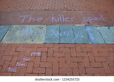 CHARLOTTESVILLE, VA – Aug 11, 2018: Chalked Messages At The Site Where Heather Heyer Was Killed On The One-year Anniversary Of A Rally That Turned Violent. 