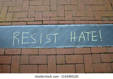 CHARLOTTESVILLE, VA – Aug 11, 2018: Chalked Messages At The Site Where Heather Heyer Was Killed On The One-year Anniversary Of A Rally That Turned Violent. 