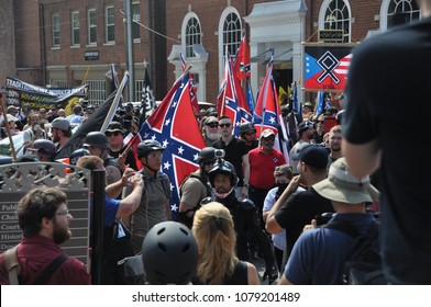 CHARLOTTESVILLE, VA - August 12, 2017: White nationalists and counter protesters clash in during a rally that turned violent resulting in the death of one and multiple injuries.