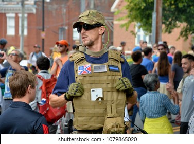 CHARLOTTESVILLE, VA - August 12, 2017: Militia, white supremacists and counter-protesters during a white nationalist rally that turned violent resulting in one death and multiple injuries.