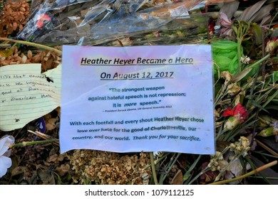 CHARLOTTESVILLE, VA - August 2017: Memorial Flowers And Notes Are Left At The Spot Where Heather Heyer Was Killed And Others Were Injured When A Car Plowed Into A Crowd Of Protesters During A Rally.