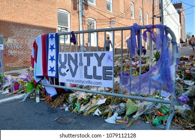 CHARLOTTESVILLE, VA - August 2017: Memorial Flowers And Notes Are Left At The Spot Where Heather Heyer Was Killed And Others Were Injured When A Car Plowed Into A Crowd Of Protesters During A Rally.