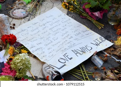 CHARLOTTESVILLE, VA - August 2017: Memorial Flowers And Notes Are Left At The Spot Where Heather Heyer Was Killed And Others Were Injured When A Car Plowed Into A Crowd Of Protesters During A Rally.