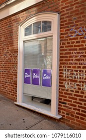 CHARLOTTESVILLE, VA - August 2017: Signs In Support Of Heather Heyer Are Placed Are Placed In Local Charlottesville Businesses. Heyer Was Killed When A Car Plowed Into A Crowd Of Protesters. 