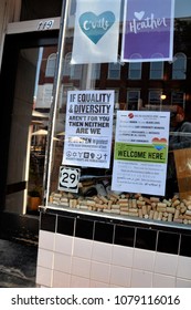 CHARLOTTESVILLE, VA - August 2017: Signs In Support Of Heather Heyer Are Placed Are Placed In Local Charlottesville Businesses. Heyer Was Killed When A Car Plowed Into A Crowd Of Protesters. 