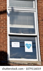 CHARLOTTESVILLE, VA - August 2017: Signs In Support Of Heather Heyer Are Placed Are Placed In Local Charlottesville Businesses. Heyer Was Killed When A Car Plowed Into A Crowd Of Protesters. 