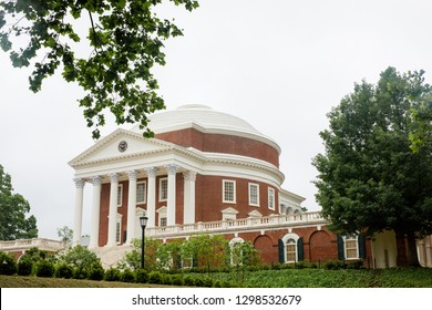 Charlottesville, Virginia/USA - May 30, 2018: The Rotunda at the University of Virginia in the spring; originally designed by Thomas Jefferson and located on The Lawn.