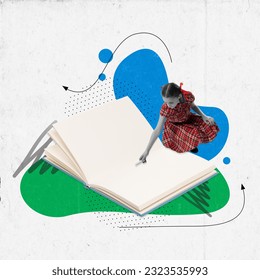 Charm little girl sitting near huge notebook with white paper sheets. Contemporary art collage. Concept of back to school, happy childhood, education, studying, emotions, ad. - Powered by Shutterstock