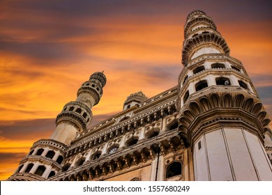 Charminar In Oldcity Area Of Hyderabad In Telangana State Of India During The Sunset Dusk Hour