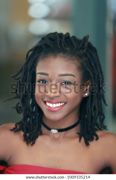 Charming African Girl Dreadlocks Naked Shoulders Stock Photo