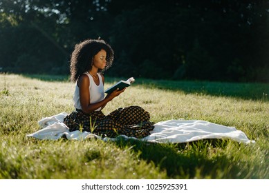 Charming african girl with natural make-up and curly hair is relaxing with the book during the picnic on the sunny meadow.