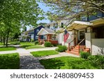 Charming American Townhouses with Flag, Sunny Suburban Street