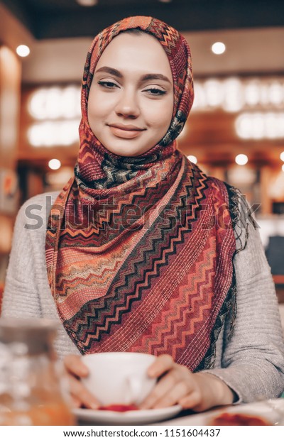 Charming Arab Girl Hijab Sits Restaurant Stock Photo Edit Now