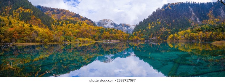 Charming autumn scenery of the original Jiuzhaigou Valley and Huanglong in Aba County, Sichuan, China.