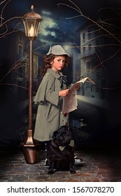 Charming baby and European pug in the images of detectives Sherlock Holmes and dr Watson