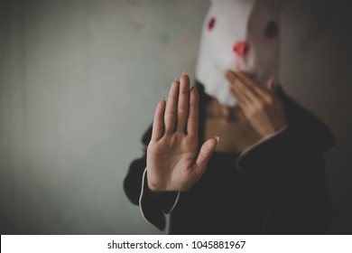 Charming Beautiful Woman Wears Rabbit Mask And Pajamas. Attractive Girl Show Symbol Of Stop That Pretty Girl Wants To Tell Someone Don’t Kill Animals Or Stop Doing Violence Against Animal. Copy Space