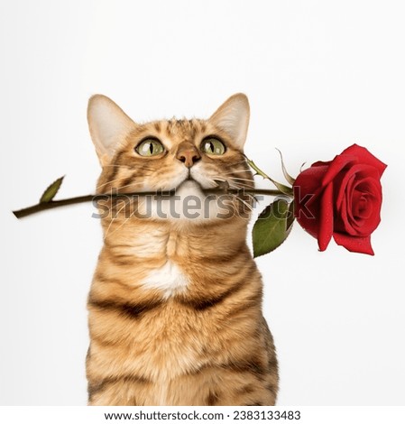 Charming Bengal cat with a rose in his teeth on a white background.
