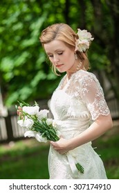 Charming Bride In Vintage Dress With French Braids Thought, Dreams, Wedding Day