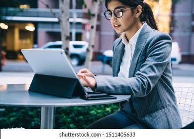 Charming Business Analytic Checking Online Information On Financial Social Websites, Skilled Female Corporate Director Using Modern Touch Pad For Digital Marketing And Payment Banking Operations