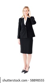 Charming Businesswoman Talking On Phone Against White Background