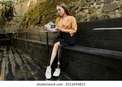 In a charming cafe, a young woman with a prosthetic leg reads a menu, enjoying a moment of calm and leisure. - Powered by Shutterstock